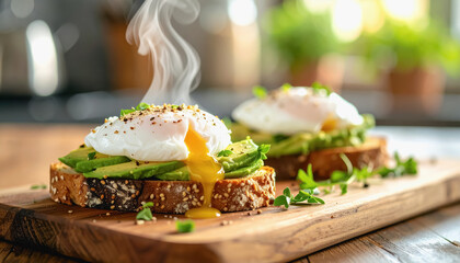 Close-up of delicious avocado toast topped with a poached egg on a wooden board with delicate steam rising