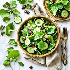 Fresh Green Salad with Cucumber and Olives in Wooden Bowl on White Background
