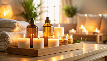 Cozy home spa setup with candles and essential oils creating an inviting ambiance with warm golden lighting