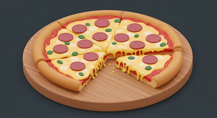Delicious Pepperoni Pizza on Wooden Board A 3D Rendered Image