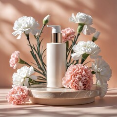 Elegant Skincare Bottle with Pump Dispenser Surrounded by Pink and White Carnations on Soft Blush Background