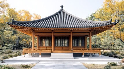 Naklejka premium Serene Autumn Pavilion: A tranquil wooden structure nestled amidst golden foliage