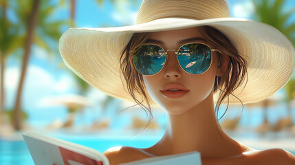 A woman in a wide-brimmed sun hat wearing sun glasses reading a book
