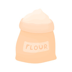 Open full sack of flour. Wheat product. Element of farm work. Product for cooking.