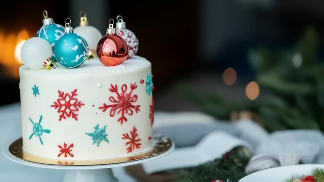 Christmas cake with candles and decorations. holiday-themed cake decorated with festive ornaments