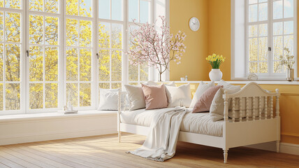 Naklejka premium Bright Sunny Room with White Daybed and Spring Blossoms Near Large Windows