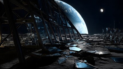 Futuristic Lunar Base Ruins Under Earthrise