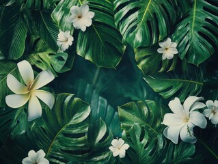 high resolution visual of Tropic palm leaf banner green jungle plants and exotic flowers
