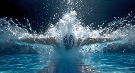 Fototapeta premium Artistic capture of a swimmer diving into tranquil pool water with elegant splashes frozen in time