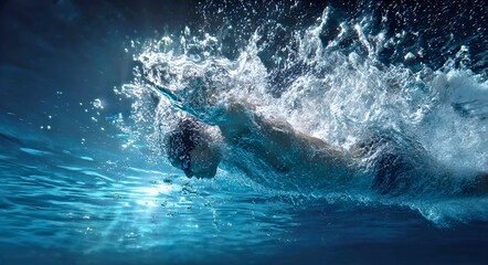 Graceful swimmer diving into a calm pool with artistic water splashes, frozen in dynamic motion
