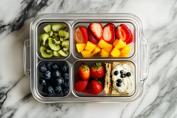Food container filled with fruits like kiwi, Strawberry, Blueberry and manggo. Healthy food snack theme. 