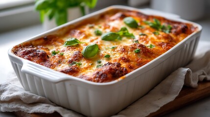 Freshly Baked Lasagna with Melted Cheese and Basil Garnish