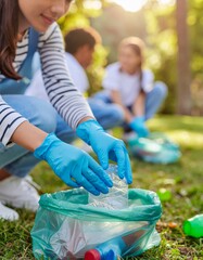 Primer plano de manos con guantes recogiendo basura y botellas de plástico realizando un trabajo medioambiental