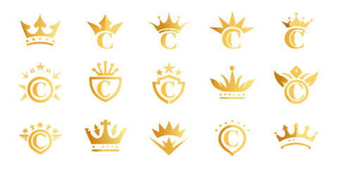 Royal gold letter c logo design icon featuring a crown for kings and queens