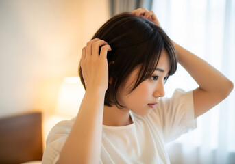 Fototapeta premium 髪の毛を整えている女性