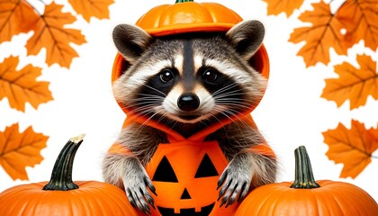 A raccoon wearing a pumpkin hat sits inside a carved pumpkin. Surrounding it are orange pumpkins and autumn leaves, creating a festive Halloween atmosphere.