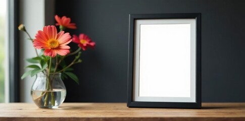 Black framed photo mockup; single flower on wooden table, blossom, template, picture frame