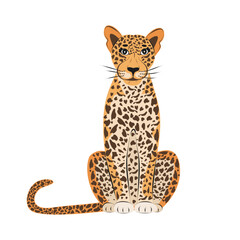 Funny leopard in sitting pose isolated. Children cute animal vector illustration. African wildlife. Big cat panther.