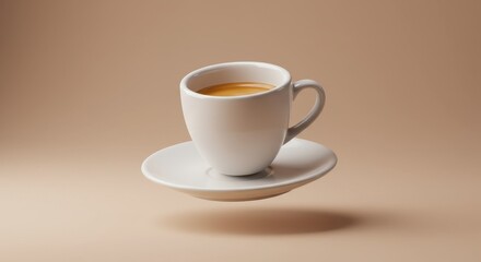 Obraz premium Floating white coffee cup and saucer against beige background