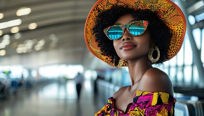 Portrait of a stylish woman with sunglasses and a patterned hat in an airport terminal area