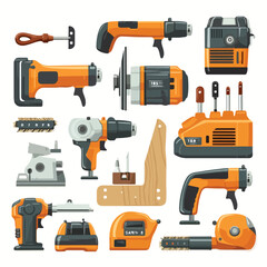 Professional Collection of Workshop Tools Icons for Saw and Drill in a Cart