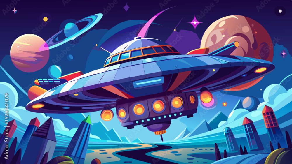 Canvas Prints futuristic flying ufo spaceship in outer space with planets, stars, and alien landscape in a colorfu