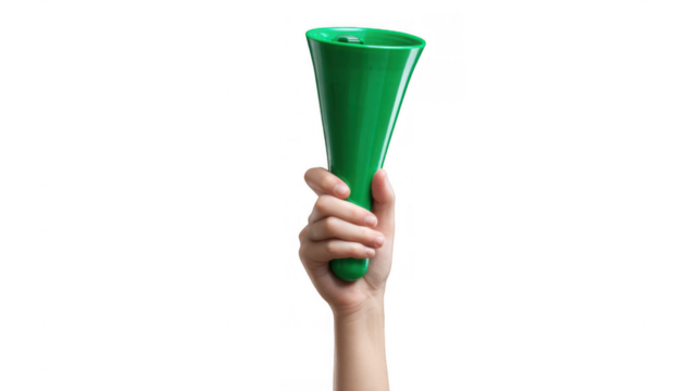Hand gripping a vibrant green vuvuzela against a transparent background, ready for cheering and creating excitement during sports events or lively celebrations
