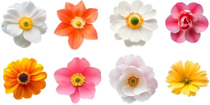 Collection of single fresh flower cutout clipping path png isolated on white or transparent background