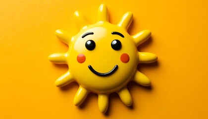 Fototapeta premium A bright yellow sun with a smiling face on a vibrant orange background. The sun has a cheerful expression with round eyes and rosy cheeks.
