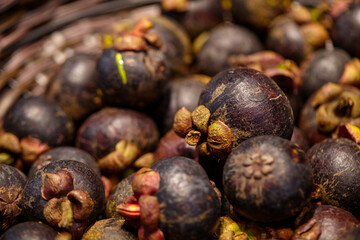 Close-up view of ripe mangosteen in market