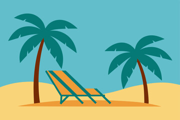 Tropical Beach Relaxation Lounge Chair Under Palm Trees, Sunny Vacation Scene