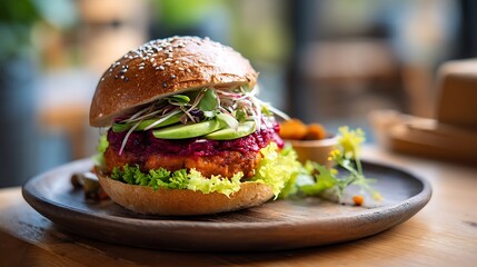 Vibrant Plant-Based Burger with Avocado, Beetroot Relish, and Fresh Greens