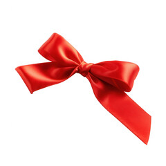 A vibrant red satin bow with elegant loops and tails, perfect for gift wrapping and decoration. Isolated on a clean background to showcase its glossy texture and color.