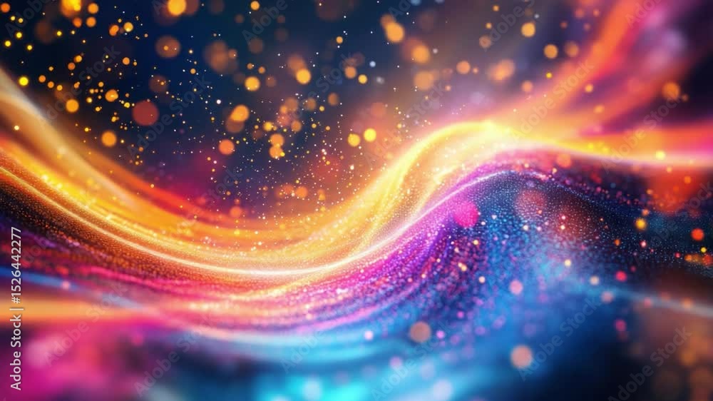 Poster luminous abstract: a dynamic, swirling composition of vibrant, multi-hued lines dances across a dark