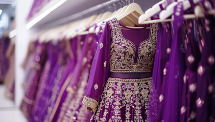 Saree Indian dress in white luxury boutique background. Indian attire in fashion store. Festive outfit. Beautiful Bollywood clothing. Purple party dress. Handloom saree salon. Banner. Selective focus