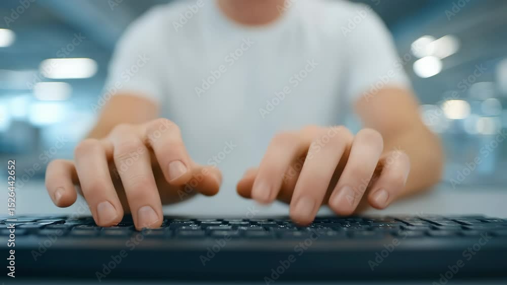 Poster closeup of hands typing on keyboard in modern workspace, showcasing focus and productivity with tech