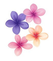 Vector sticker, a simple design of frangipani flowers in purple and pink on a white background