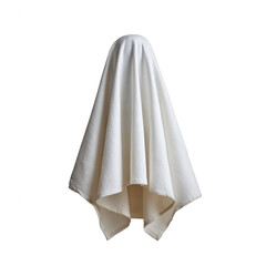 A white sheet draped elegantly, creating a ghostly silhouette against a white background. Perfect for Halloween or themed decor. A creative representation of whimsy and fun.