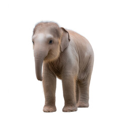 A young elephant stands gracefully, showcasing its majestic features and playful demeanor against a white isolated background.