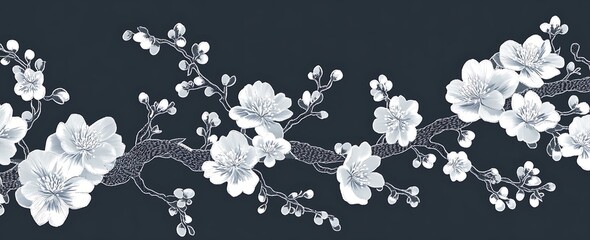 White apricot blossoms, an embroidery pattern design for a t-shirt with a dark gray background color