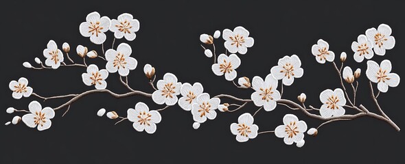 White apricot blossoms, an embroidery pattern design for a t-shirt with a dark gray background color