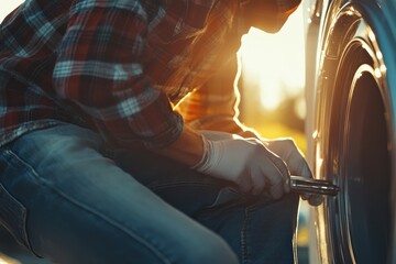 Obraz premium Person Working on Car Tire with Wrench Under Bright Sunset Light