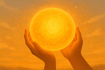 Hands Holding the Glowing Sun