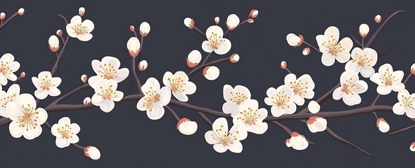 White apricot blossoms, an embroidery pattern design for a t-shirt with a dark gray background color