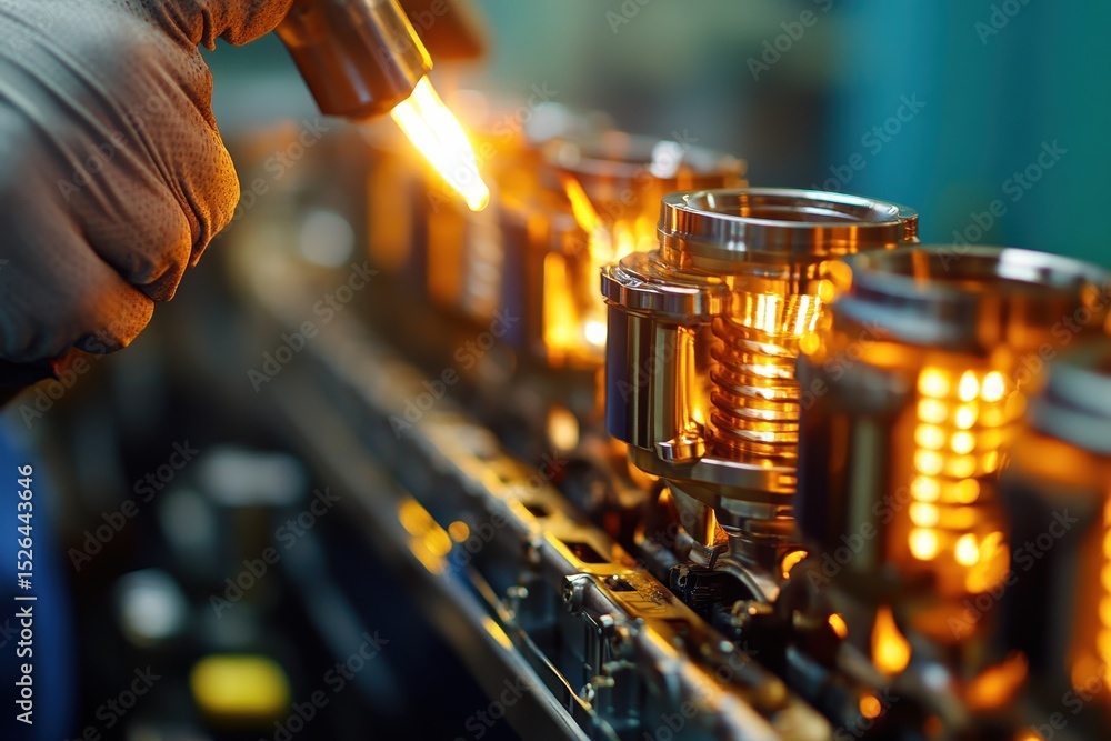 Poster precision engineering process with torch and metal components in focus