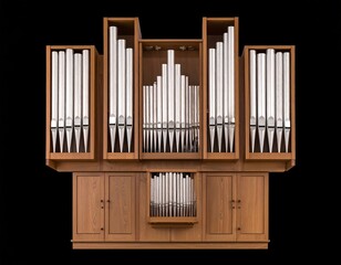 Wooden pipe organ on black background