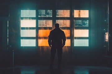 Fototapeta premium Silhouette of a Person Against Colorful Light Windows in a Dark Room