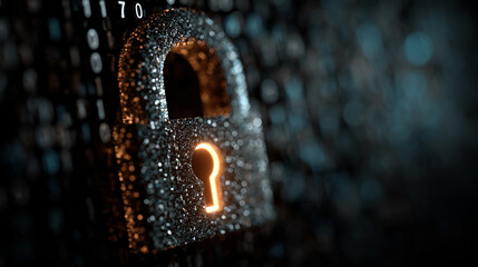A glowing digital lock floats amidst cascading binary code, visually symbolizing artificial intelligence copyright protection. Generative AI