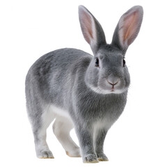 Adorable gray rabbit standing against a white isolated background, showcasing its fluffy fur and alert expression.