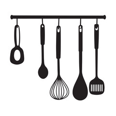 Collection of various kitchen utensils and cookware in black silhouette